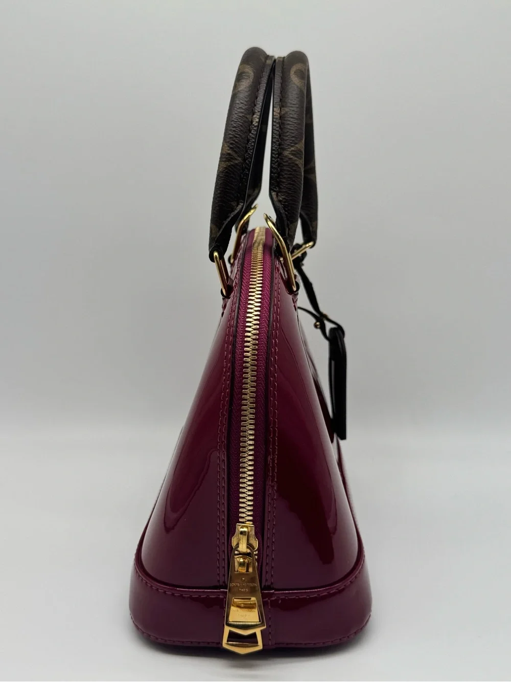 Louis Vuitton Alma BB Vernis Satchel in Deep Cherry with Monogram Strap